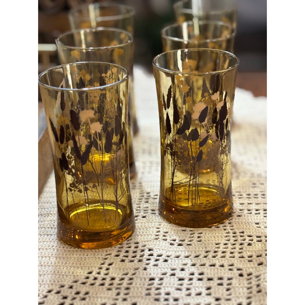 Mid century modern barware Federal Glass interlude highball‎ glasses amber tint